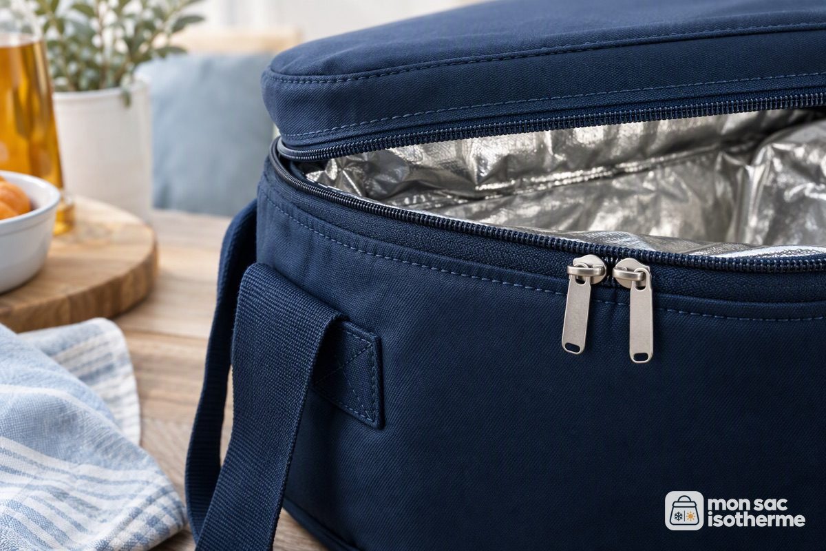 Détails d'un sac isotherme de qualité : fermeture solide, coutures et doublure