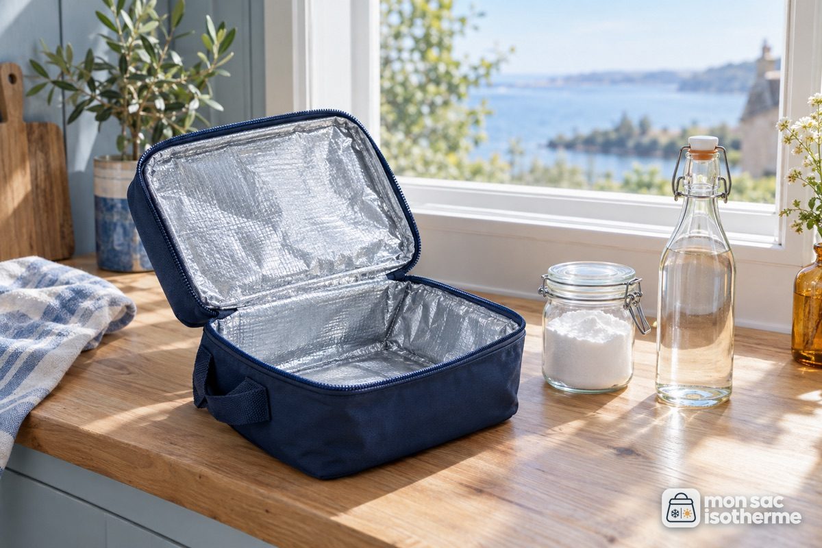 Sac isotherme ouvert qui sèche près d'une fenêtre, avec bicarbonate et vinaigre blanc