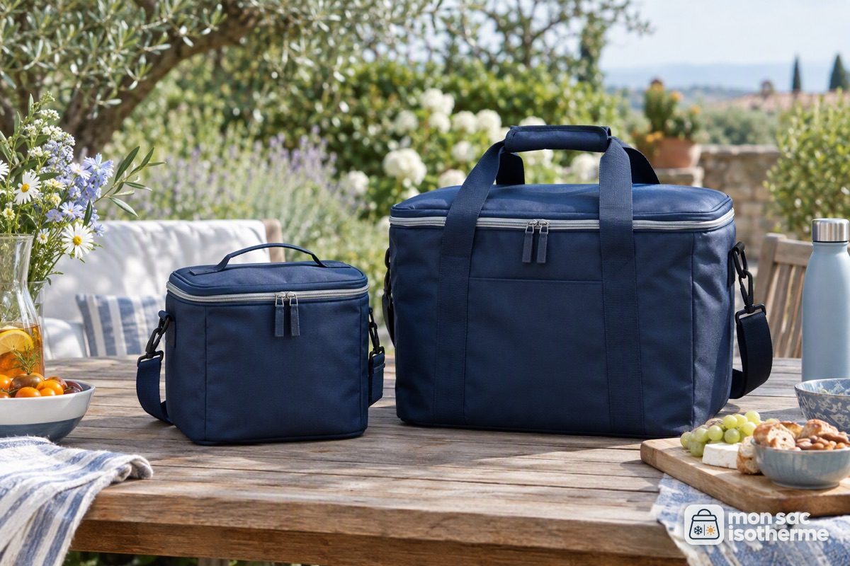 Sac isotherme repas et glacière souple côte à côte sur une table de jardin