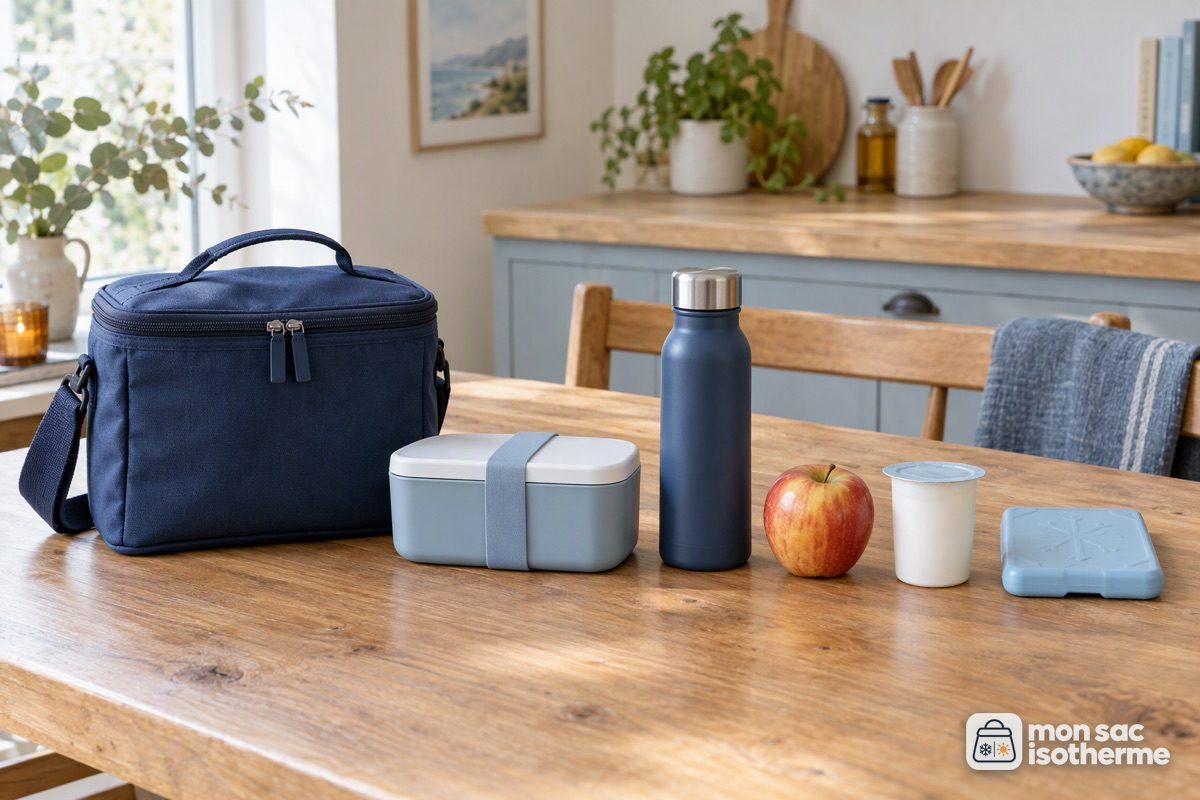 Sac isotherme repas posé à côté d'une lunch box, d'une bouteille, d'un fruit et d'un pain de glace