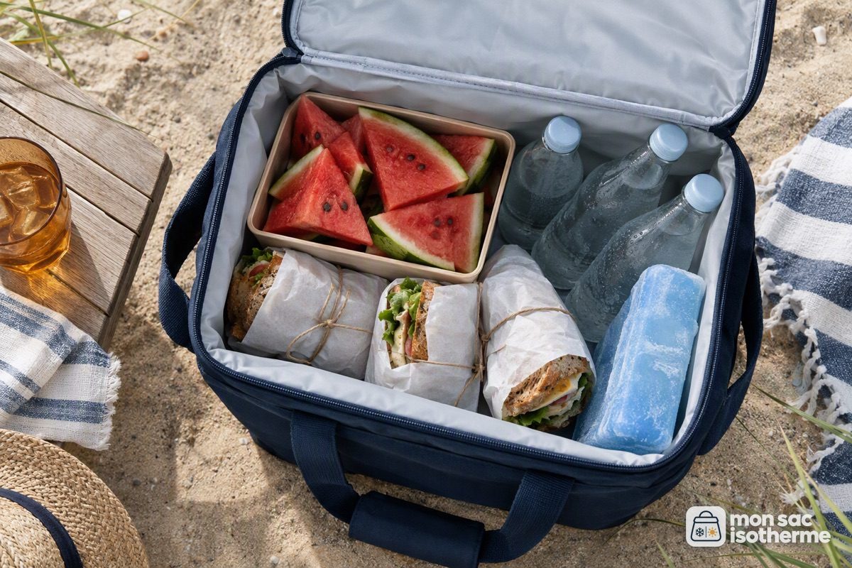 Glacière souple ouverte sur le sable avec pastèque, bouteilles d'eau et sandwichs