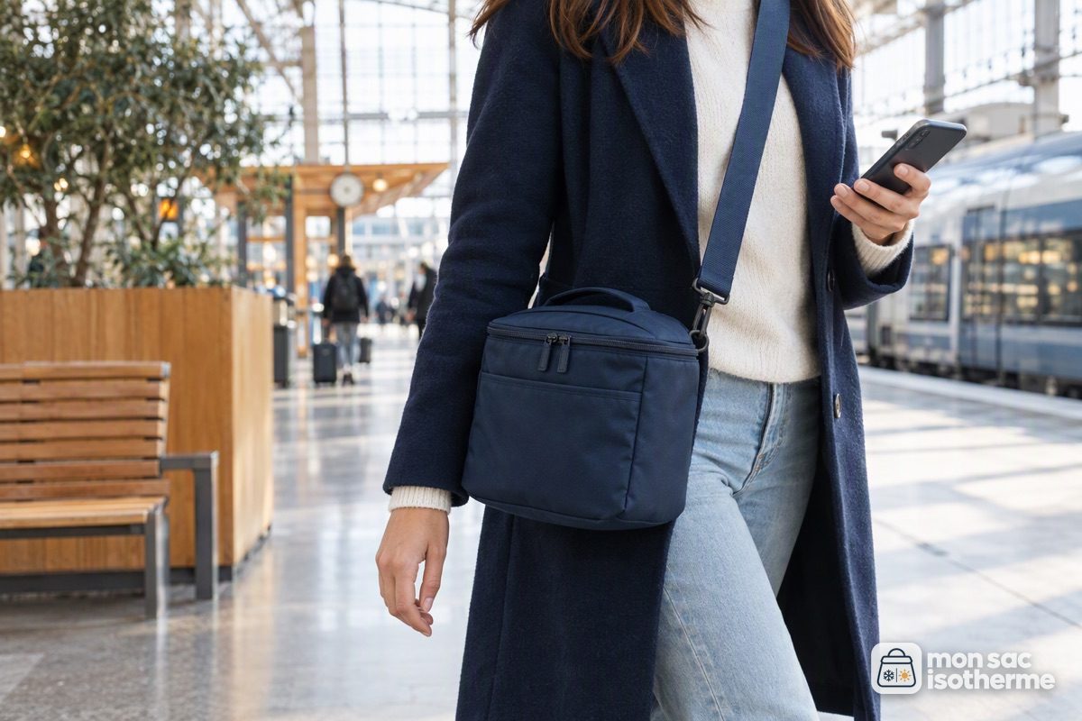 Personne qui porte un sac isotherme repas en bandoulière dans une gare