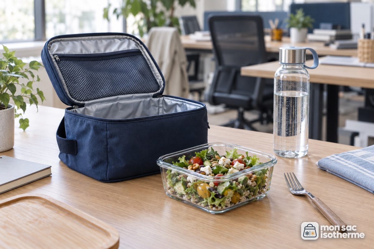 Sac isotherme repas ouvert sur un bureau à l'heure du déjeuner
