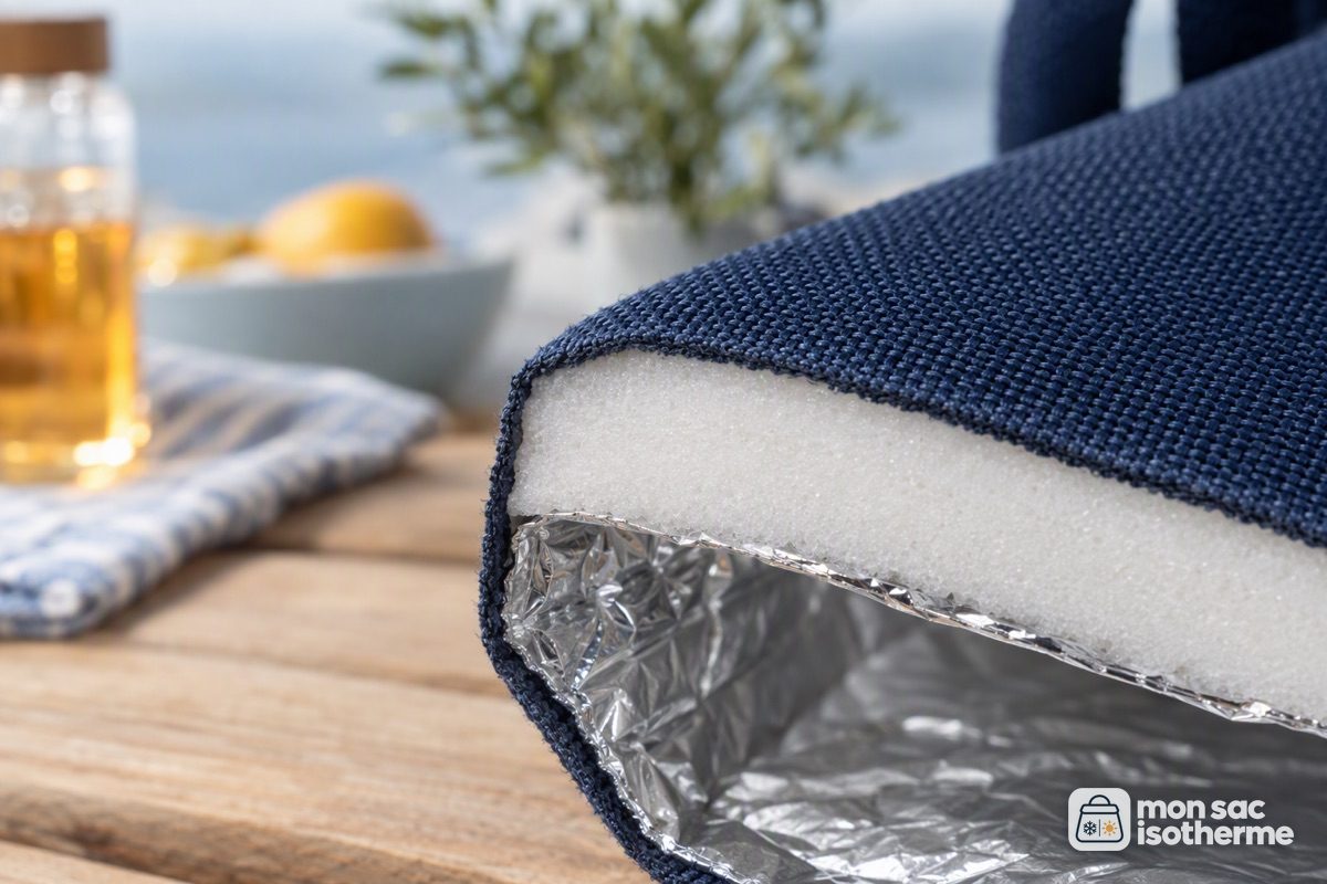 Coupe d'une paroi de sac isotherme : tissu extérieur, mousse isolante et doublure aluminium