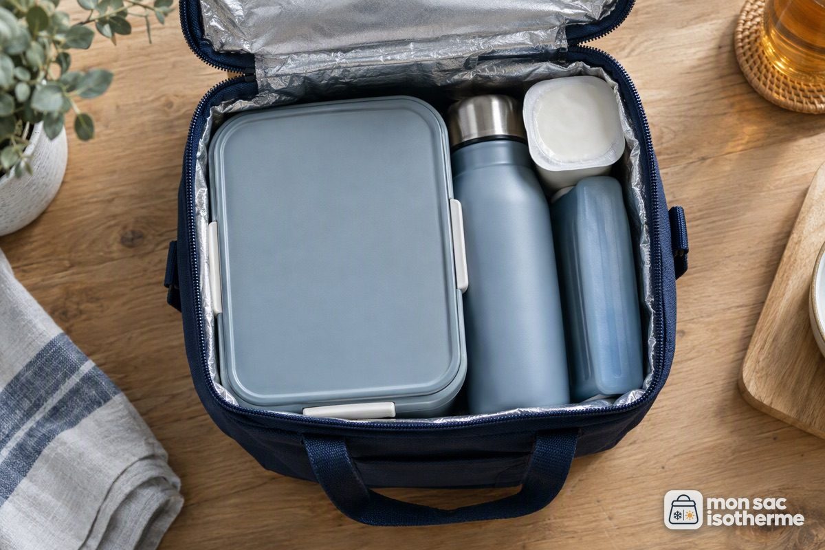 Sac isotherme repas ouvert et bien rempli, avec lunch box, bouteille et pain de glace