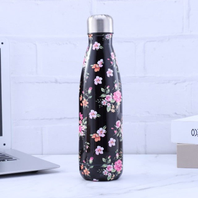 Bouteille isotherme Noire Fleurie rose et noir, 500 ml