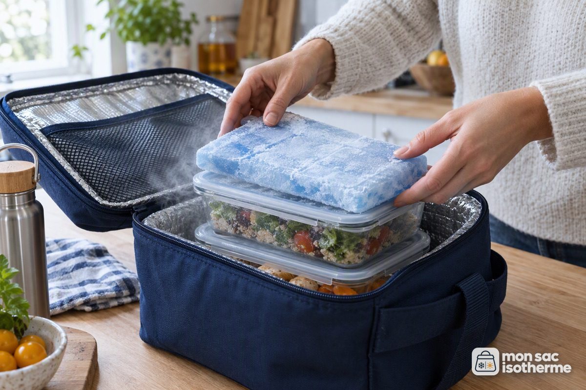 Main qui pose un pain de glace givré au-dessus des boîtes dans un sac isotherme