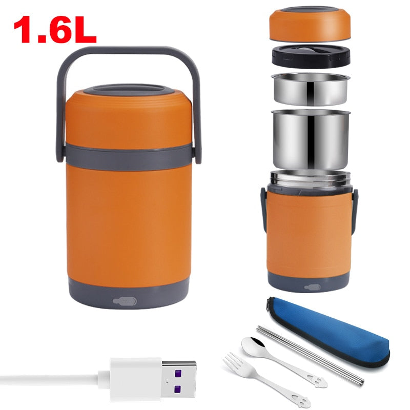 Gamelle isotherme chauffante USB en inox, 1,6 L ou 2 L