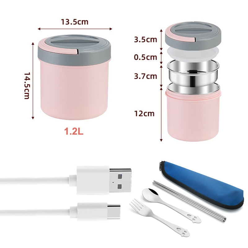Gamelle chauffante USB 1,2 L en inox, jaune ou rose