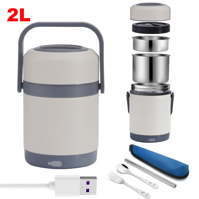 Gamelle isotherme chauffante USB en inox, 1,6 L ou 2 L
