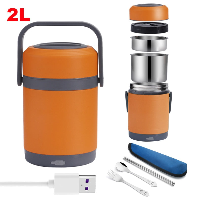 Gamelle isotherme chauffante USB en inox, 1,6 L ou 2 L
