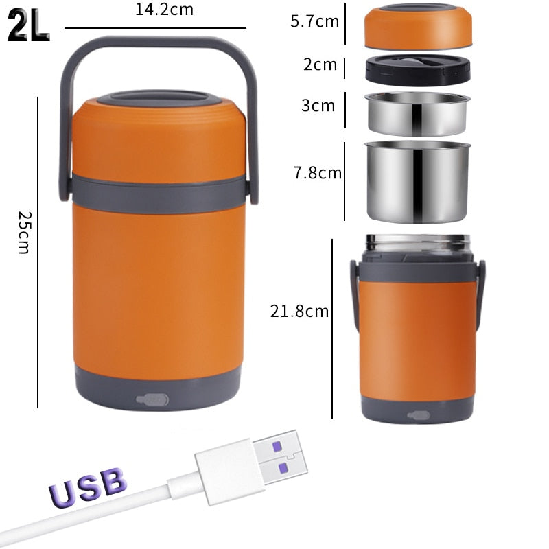 Gamelle isotherme chauffante USB en inox, 1,6 L ou 2 L