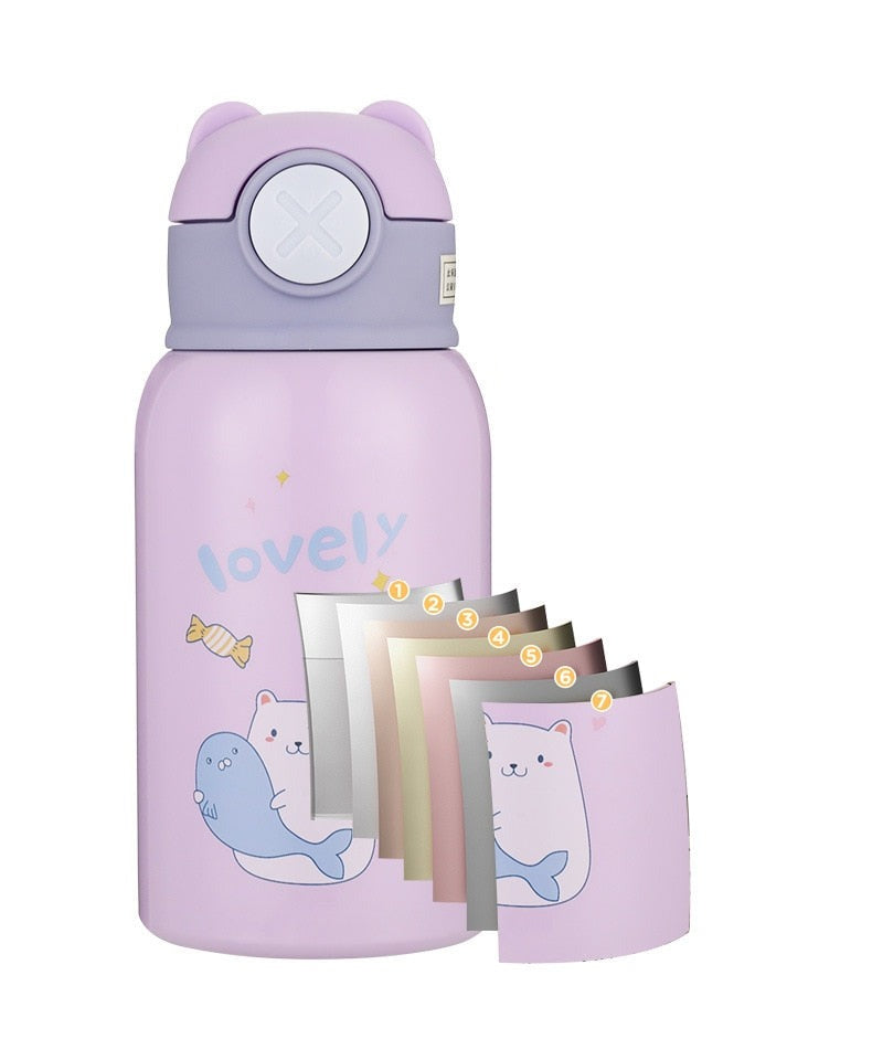 Gourde isotherme enfant 500 ml, motifs dessinés rose ou violet