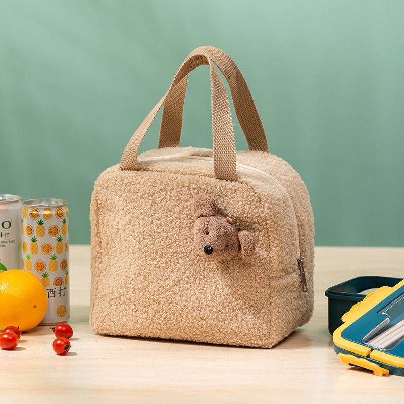 Sac à lunch peluche en polyester, cinq teintes, avec ou sans jouet