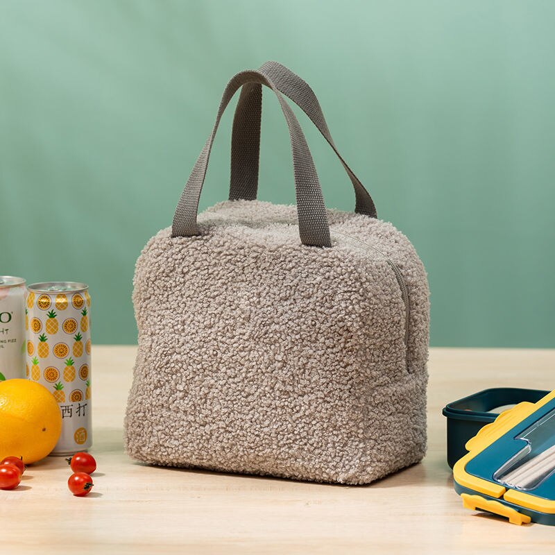 Sac à lunch peluche en polyester, cinq teintes, avec ou sans jouet