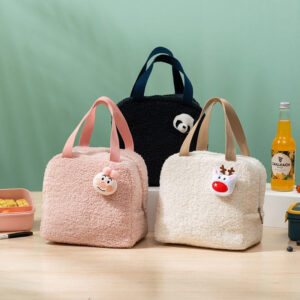 Sac à lunch peluche en polyester, cinq teintes, avec ou sans jouet