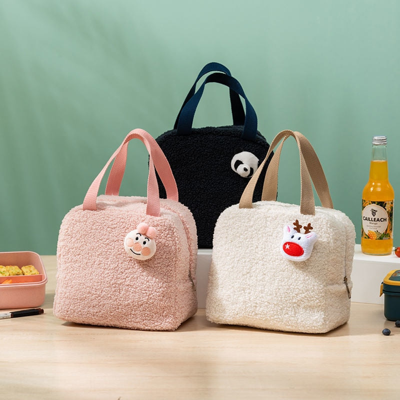 Sac à lunch peluche en polyester, cinq teintes, avec ou sans jouet
