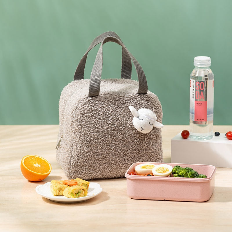 Sac à lunch peluche en polyester, cinq teintes, avec ou sans jouet