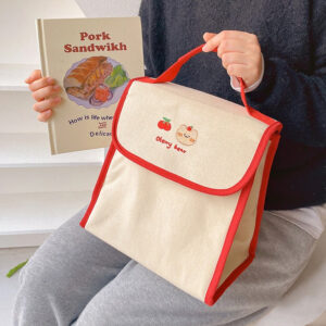 Sac isotherme repas kawaii en toile, rouge ou kaki, deux formats