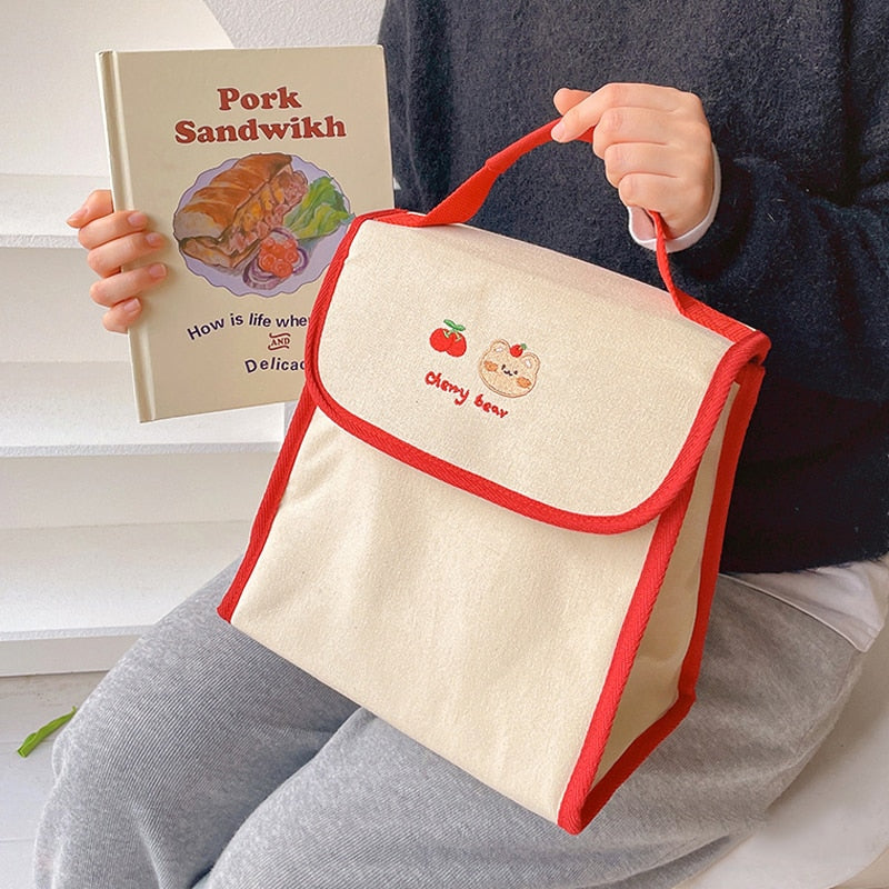 Sac isotherme repas kawaii en toile, rouge ou kaki, deux formats