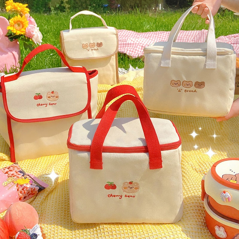 Sac isotherme repas kawaii en toile, rouge ou kaki, deux formats