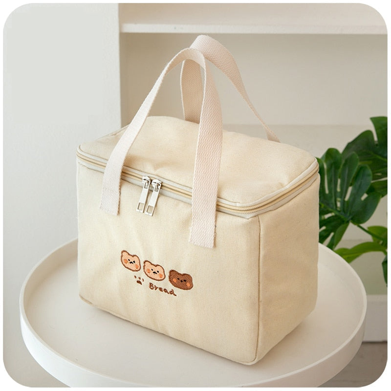 Sac isotherme repas kawaii en toile, rouge ou kaki, deux formats
