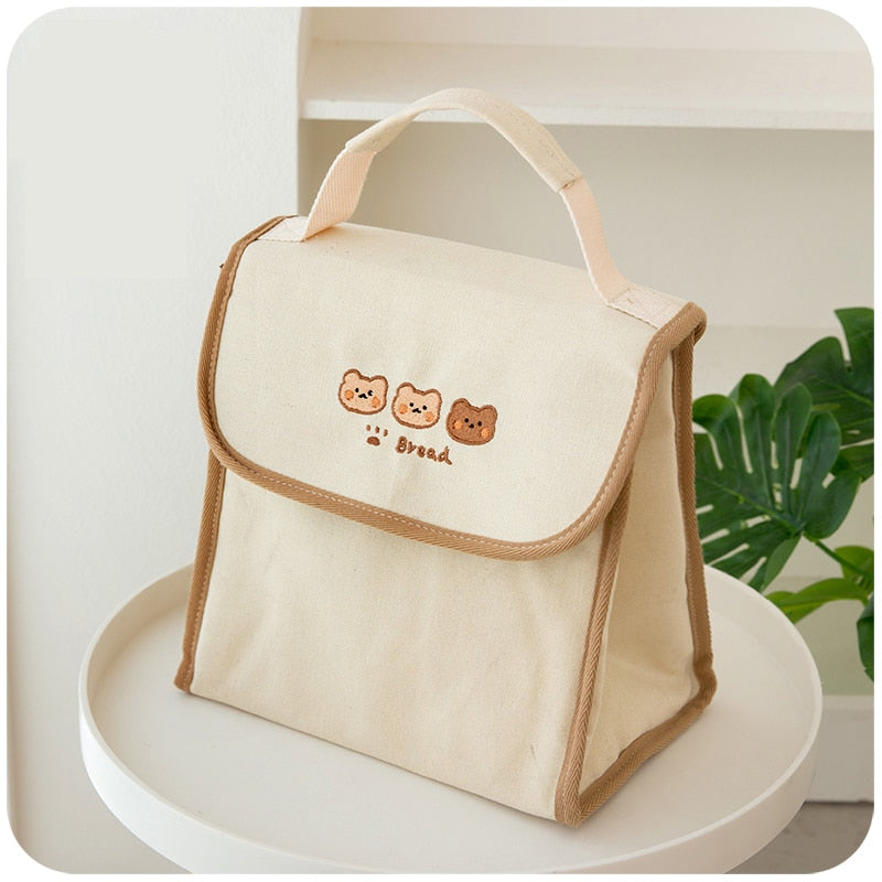 Sac isotherme repas kawaii en toile, rouge ou kaki, deux formats
