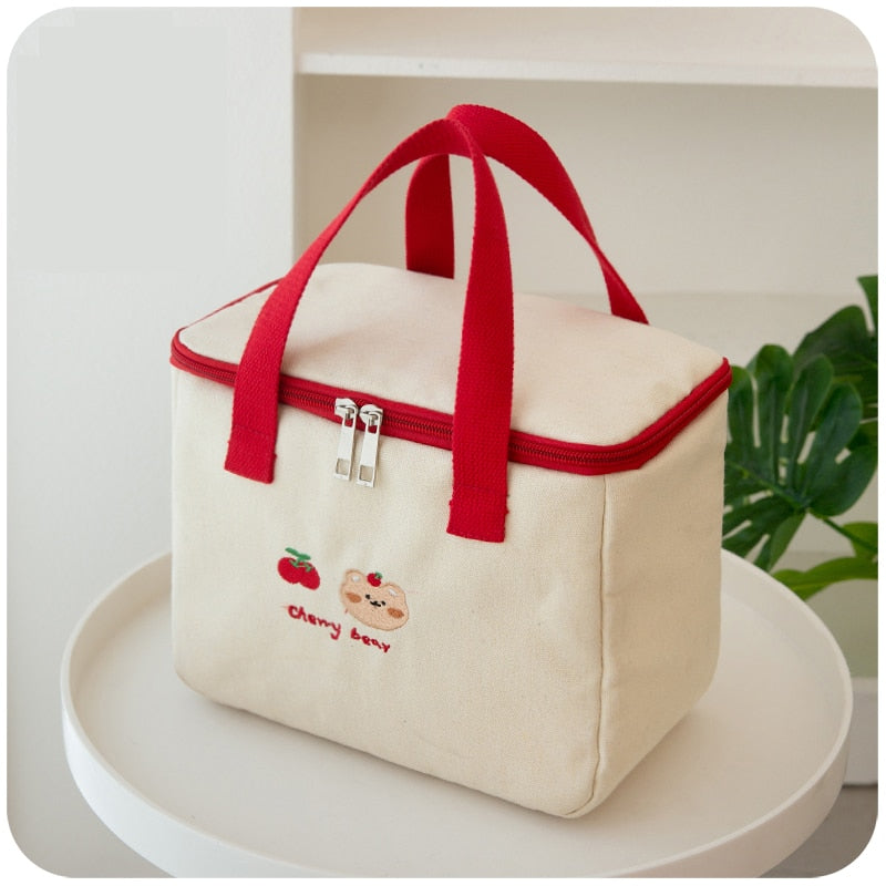 Sac isotherme repas kawaii en toile, rouge ou kaki, deux formats