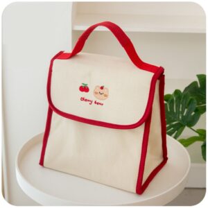 Sac isotherme repas kawaii en toile, rouge ou kaki, deux formats