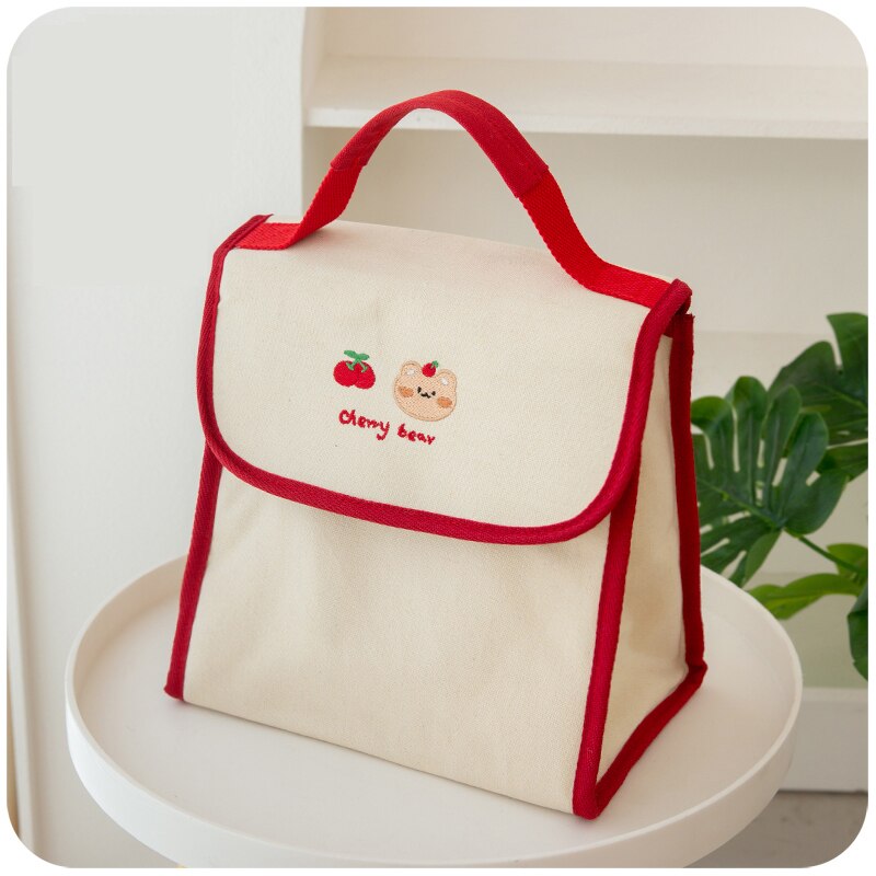 Sac isotherme repas kawaii en toile, rouge ou kaki, deux formats