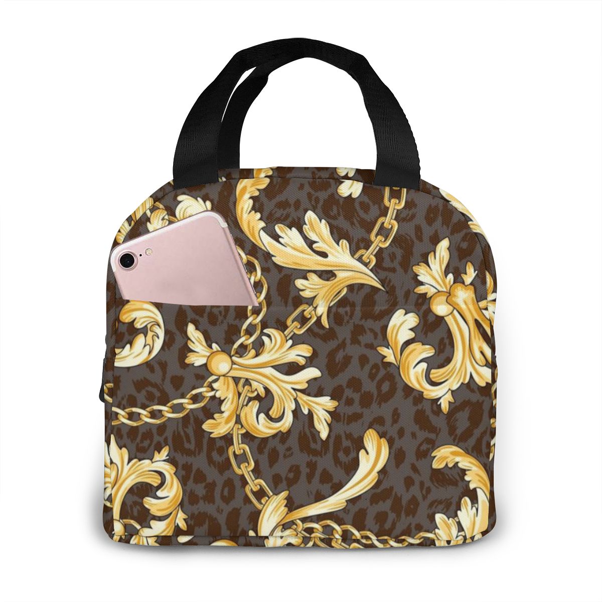Sac isotherme repas à motif floral doré, polyester et PEVA