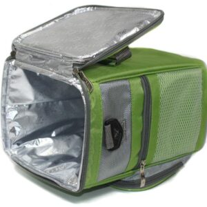 Sac isotherme vert en polyester, poche en filet et anse amovible