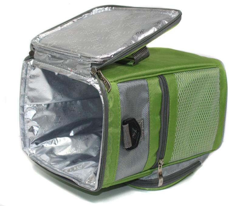 Sac isotherme vert en polyester, poche en filet et anse amovible