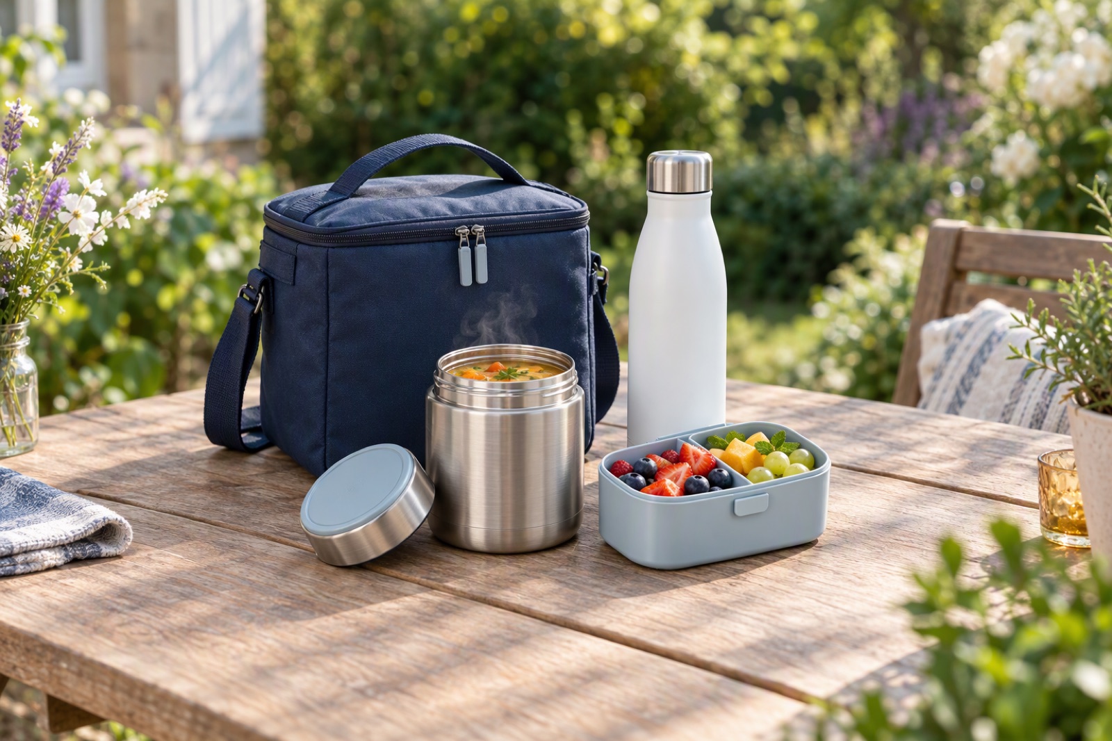 Sac isotherme repas, boîte isotherme avec soupe chaude, bouteille isotherme et bento de fruits sur une table de jardin