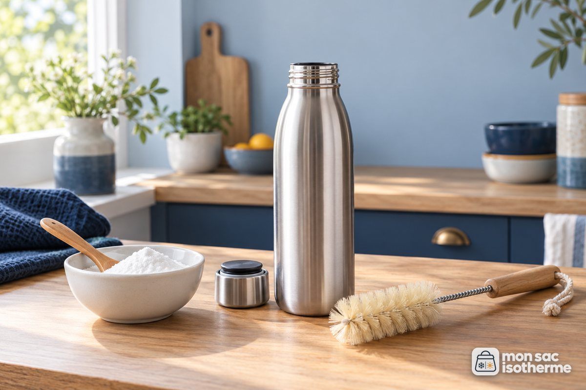 Bicarbonate de soude, gourde inox ouverte et goupillon sur un plan de travail