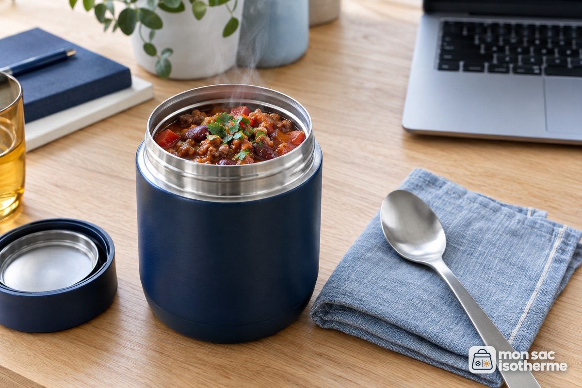 Boîte isotherme ouverte avec un plat chaud fumant sur un bureau à midi