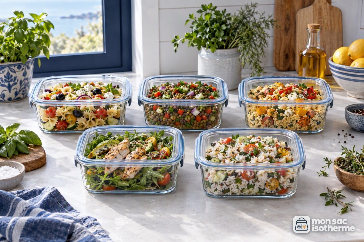 Cinq boîtes en verre avec des repas froids différents préparés pour la semaine