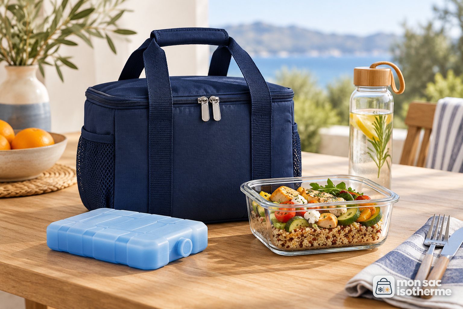 Sac isotherme repas avec un pain de glace et une boîte repas sur une table en bois clair