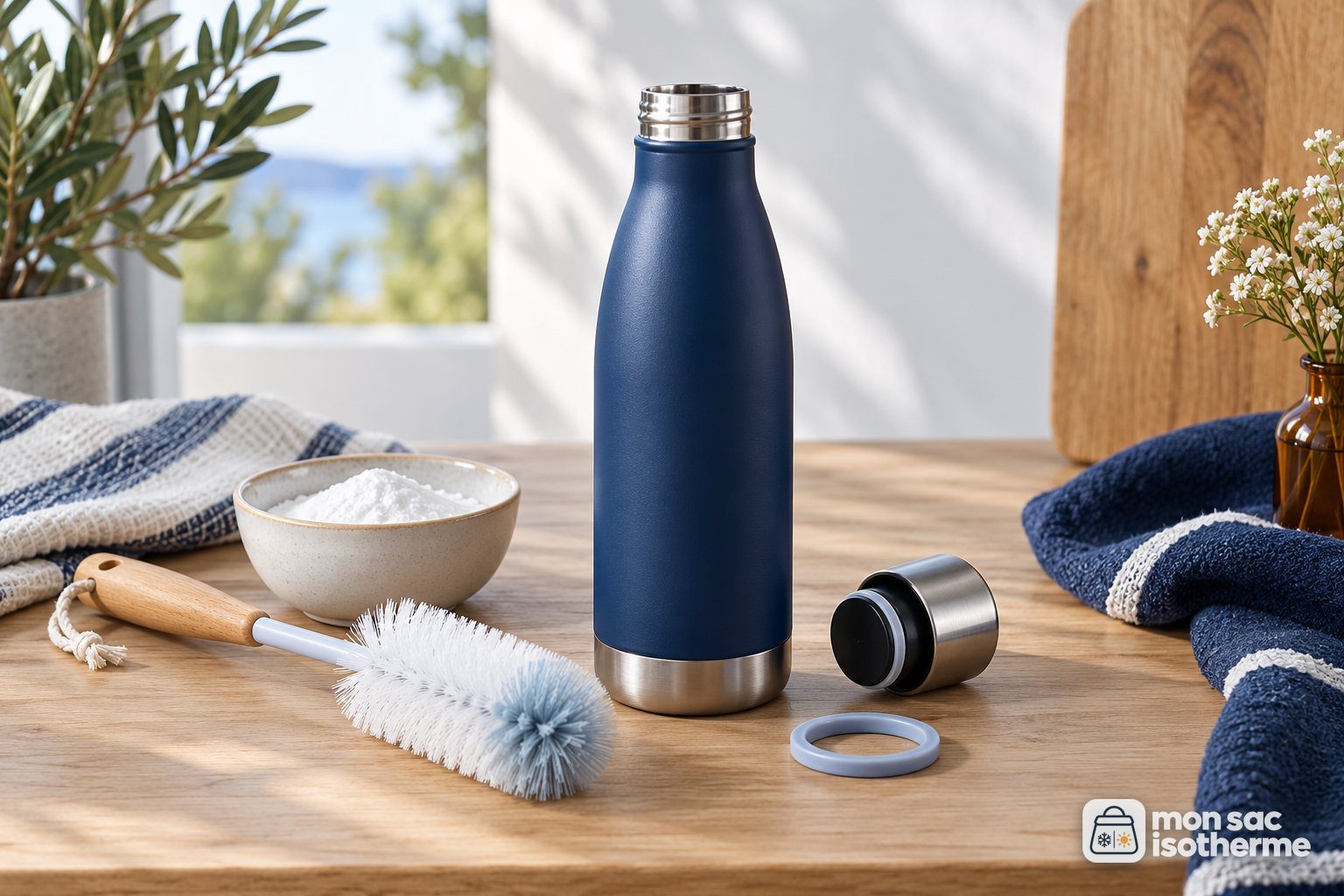 Gourde inox, bouchon démonté, goupillon et bicarbonate