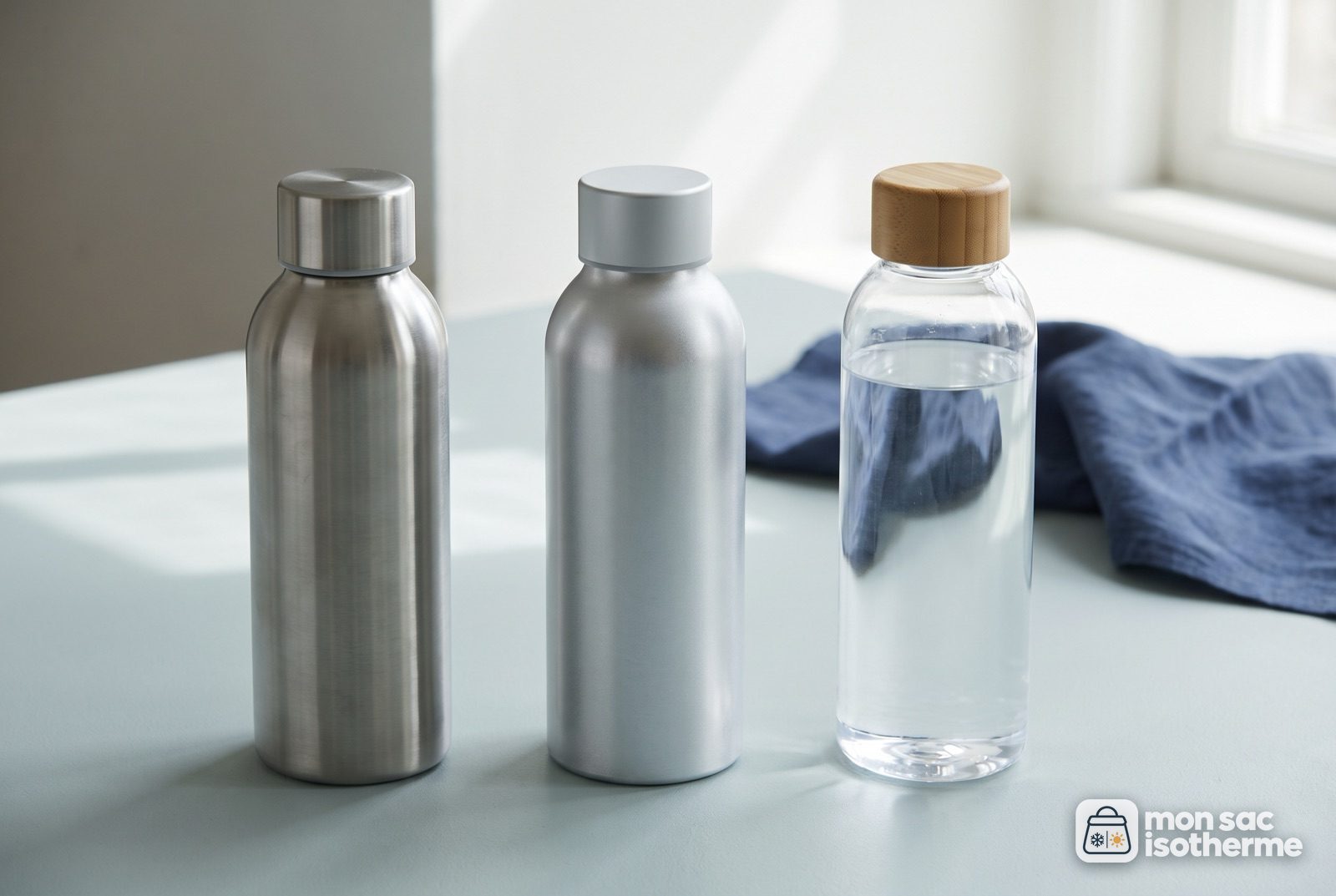 Gourde en inox, gourde en aluminium et gourde en plastique côte à côte