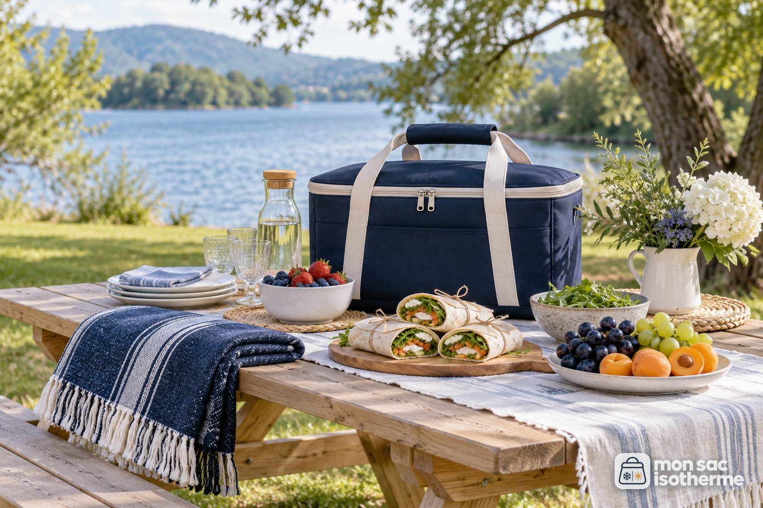 Panier de pique-nique isotherme posé sur une table en bois dans un parc