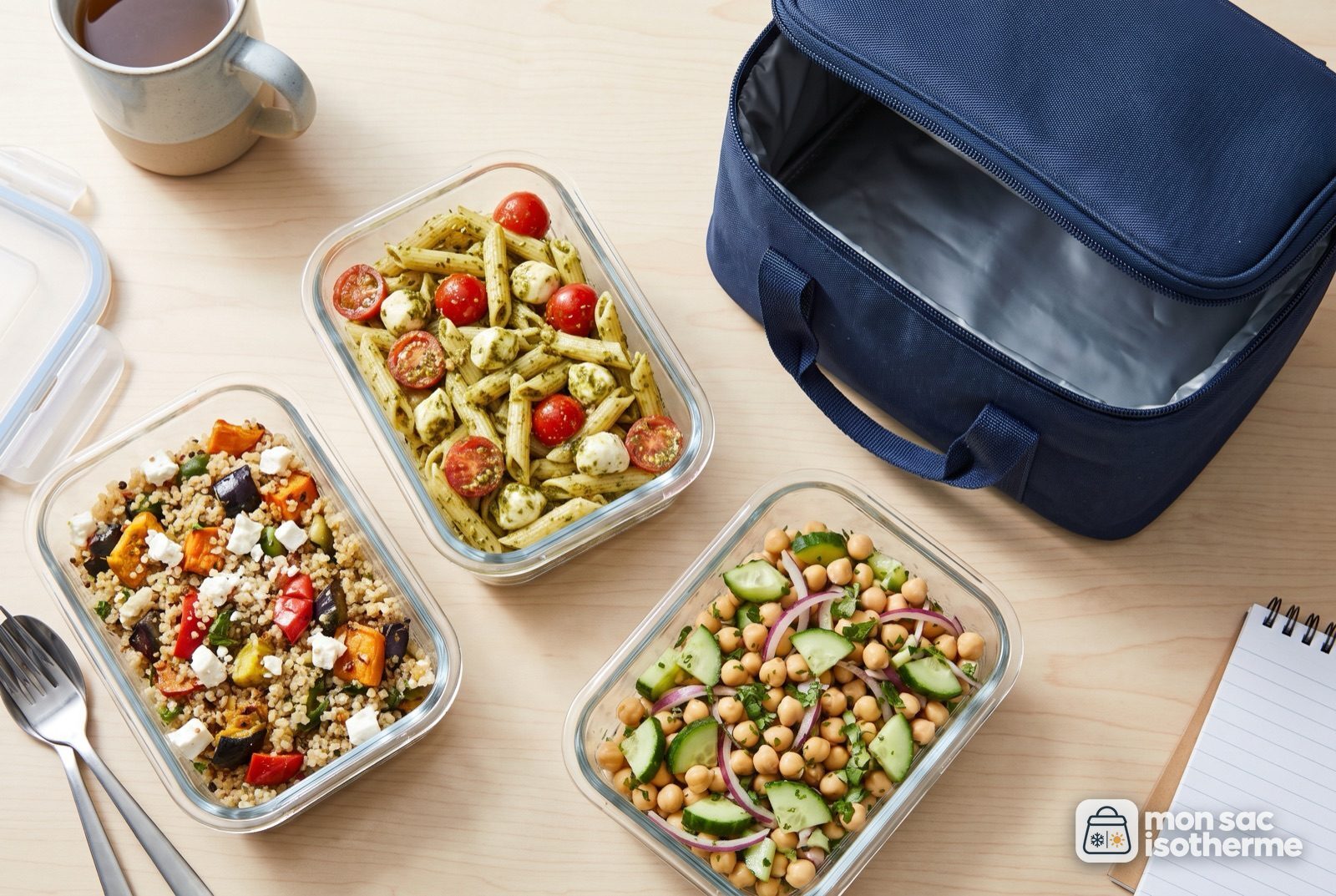 Trois boîtes en verre de salades froides à côté d'un sac isotherme sur un bureau