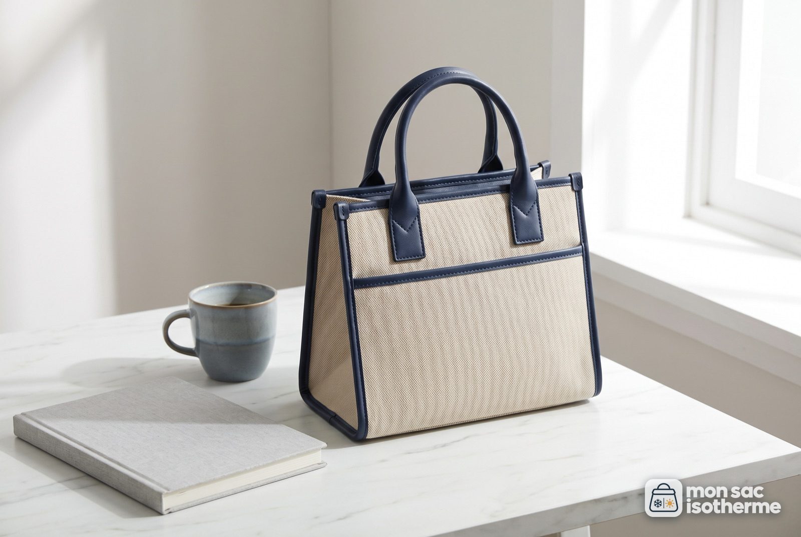 Lunch bag élégant beige et marine au format sac à main, posé sur un bureau en marbre