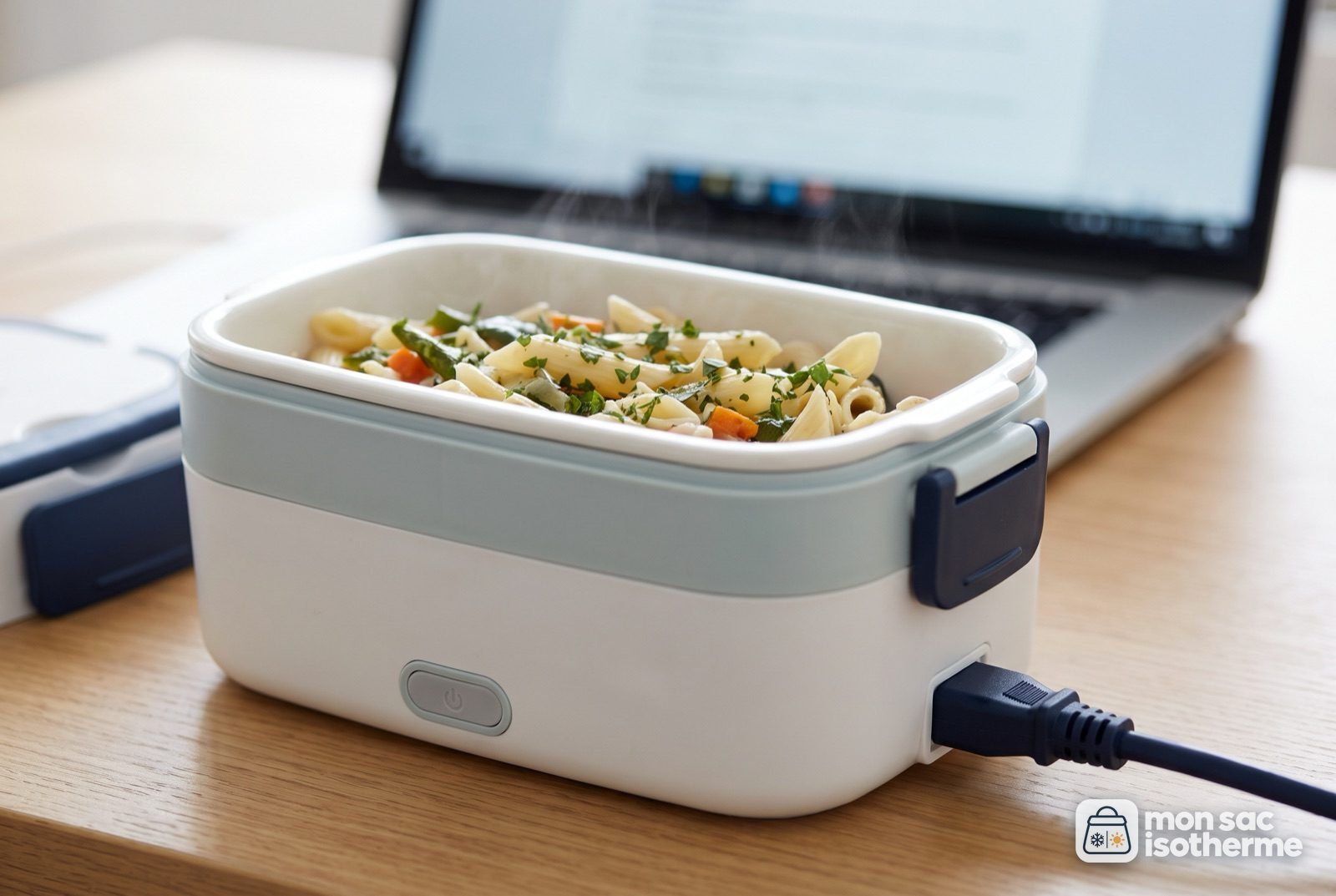 Lunch box chauffante ouverte sur un bureau, avec des pâtes chaudes et son câble branché