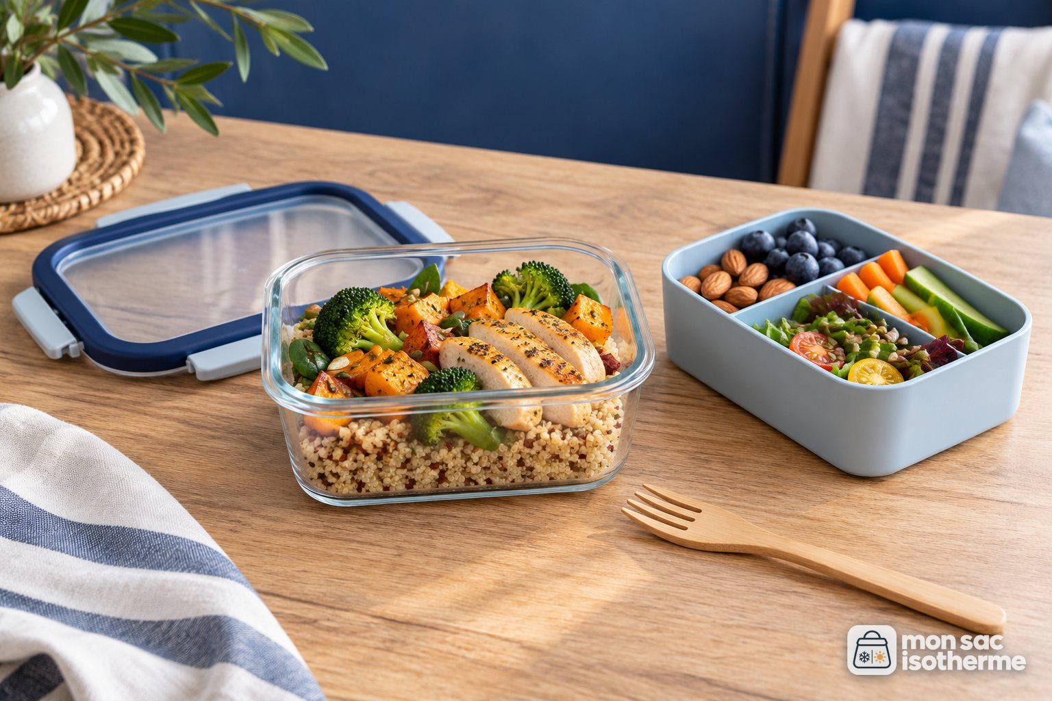 Lunch box en verre et lunch box bento bleue