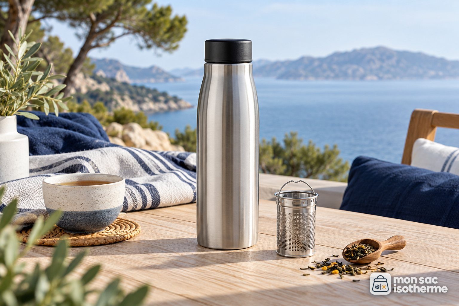 Bouteille isotherme en inox avec un filtre à thé sur une table en bois clair