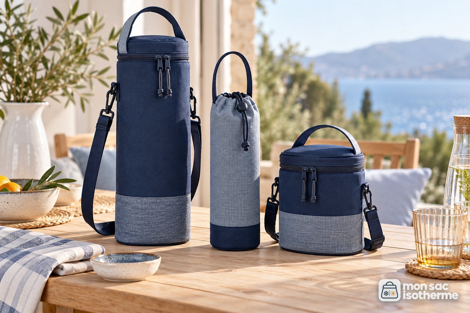 Trois sacs isothermes pour bouteille de tailles différentes sur une table en bois clair