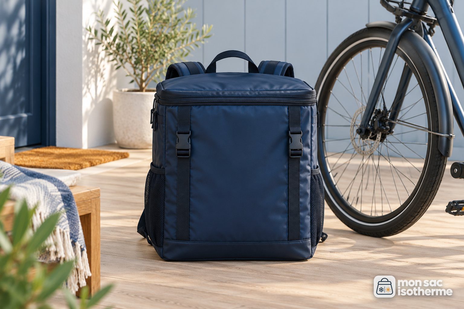 Sac à dos isotherme de livraison sobre posé près d'une roue de vélo