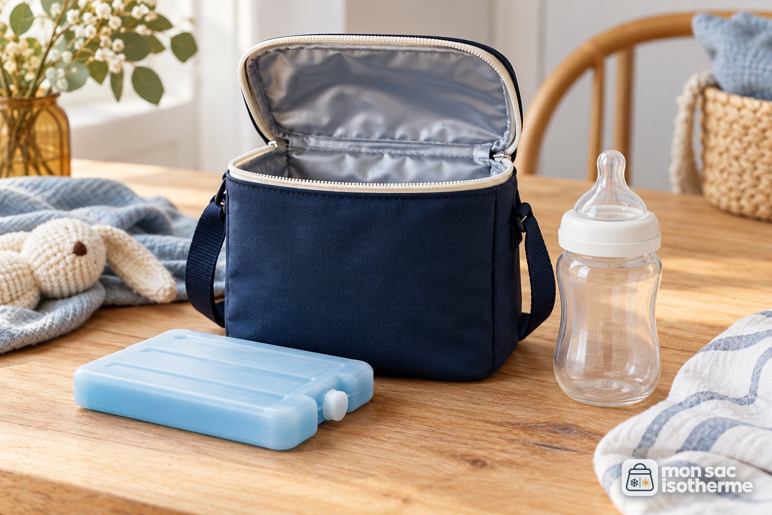Sac isotherme avec biberon vide et pain de glace