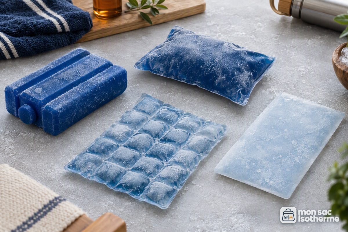 Différents pains de glace : rigide, gel souple, plaque flexible et pain plat